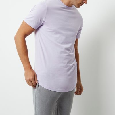 Light purple curved hem crew neck T-shirt